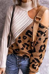 Chicindress Rollkragenpullover mit Leopardenmuster und Patchwork-Kaltpullover